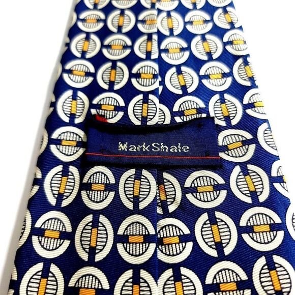 Mark Shale Blue Yellow Geometric Print Wide Silk Tie - Picture 3 of 7